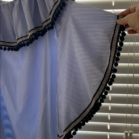 Strapless Blue & White striped Dress w/ pom poms - Picture 2 of 6